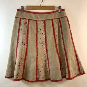 Tom K Nguyen Womens Linen Floral Embroidered Skirt Sz 8 Artisian Boho Romantic